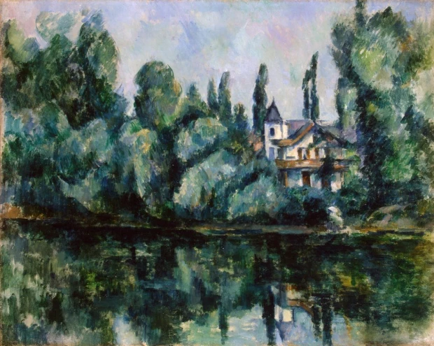 Reproduction of Am Ufer der Marne by Paul Cezanne - Graphic design featuring a landscape with a house and reflecting trees.