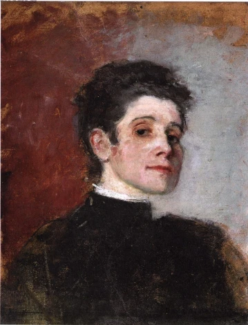 Self-portrait reproduction 1896 by Olga Boznańska. Female figure with slightly raised head against dark colors.
