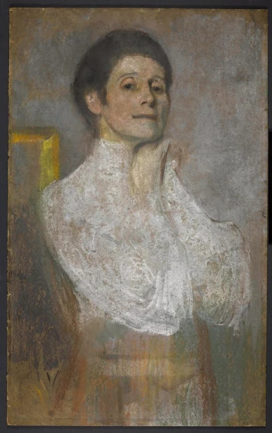 Self-portrait reproduction 1906 by Olga Boznańska. Female figure with a gentle smile, wearing a white blouse.