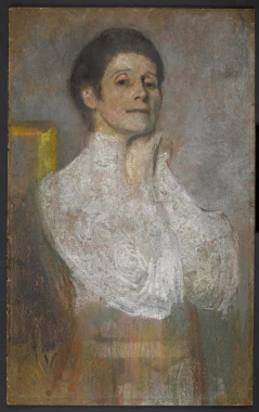 Self-portrait reproduction 1906 by Olga Boznańska. Female figure with a gentle smile, wearing a white blouse.