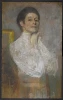 Self-portrait reproduction 1906 by Olga Boznańska. Female figure with a gentle smile, wearing a white blouse.