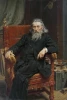 Self-portrait reproduction by Jan Matejko in a living room with dark walls and vintage-style classic furniture.