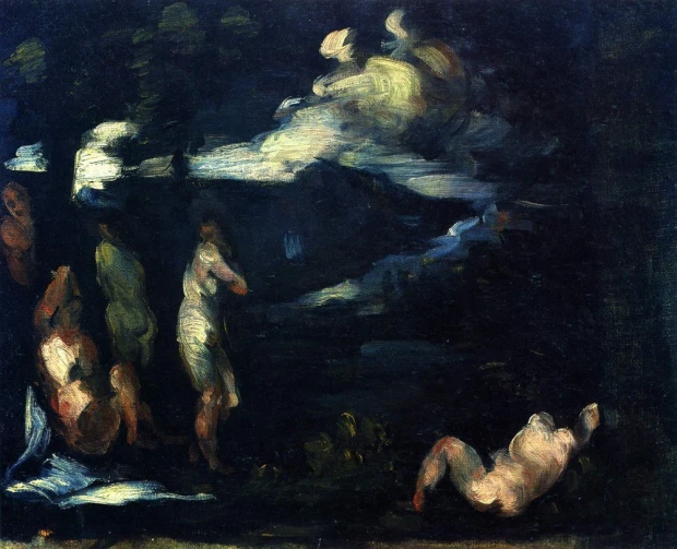 Reproduction of Paul Cezanne\'s Badende - Graphic pattern. Figures in various poses on a dark background with soft strokes.