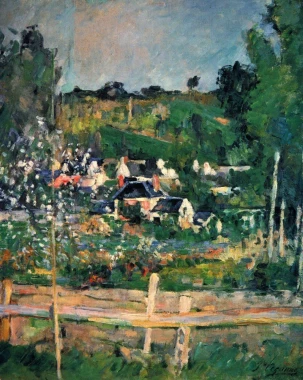 Reproduction of Blick auf Auvers-sur-Oise, Der Zaun by Paul Cezanne. The image depicts rural landscapes.