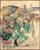 Reproduction of Blick auf Gardanne by Paul Cezanne. The artwork features rural houses, a church, and greenery.