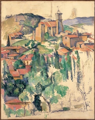 Reproduction of Blick auf Gardanne by Paul Cezanne. The artwork features rural houses, a church, and greenery.