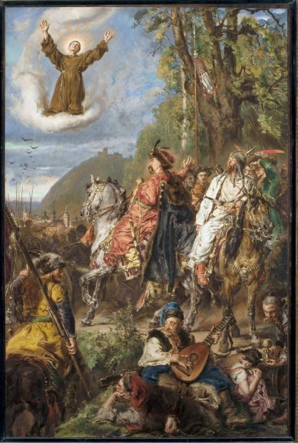 Bohdan Khmelnytsky with Tuhaj-bej near Lviv - Graphic design featuring horse riders, trees, and a cloudy sky.
