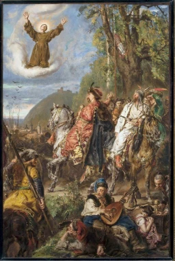 Bohdan Khmelnytsky with Tuhaj-bej near Lviv - Graphic design featuring horse riders, trees, and a cloudy sky.