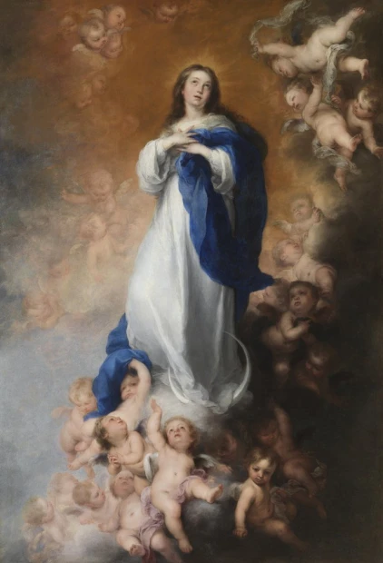 Immaculate of Soult reproduction by Bartolome Esteban Murillo. Mary in a white robe surrounded by cherubs.