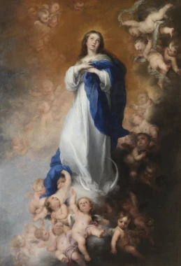 Immaculate of Soult reproduction by Bartolome Esteban Murillo. Mary in a white robe surrounded by cherubs.