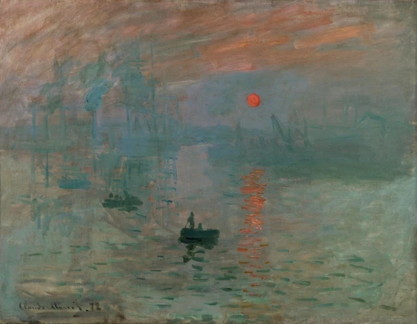 Reproduction of Impression, Sunrise by Claude Monet. The artwork features a boat on water with a sunset in the background.