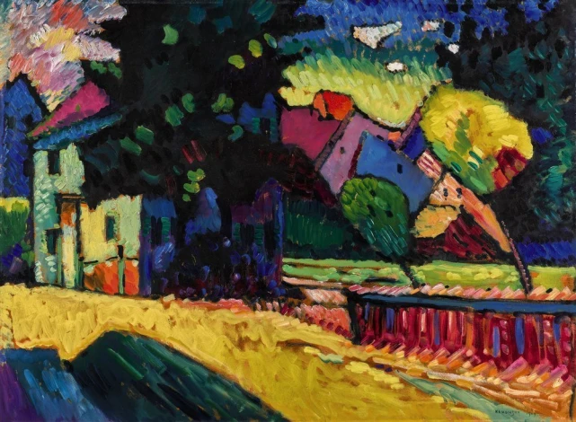 Reproduction of Landschaft mit grunem Haus by Wassily Kandinsky - A colorful, abstract graphic design.