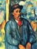Reproduction of Man in a Blue Smock by Paul Cezanne - Graphic design featuring a man in blue clothing with a hat in the background.