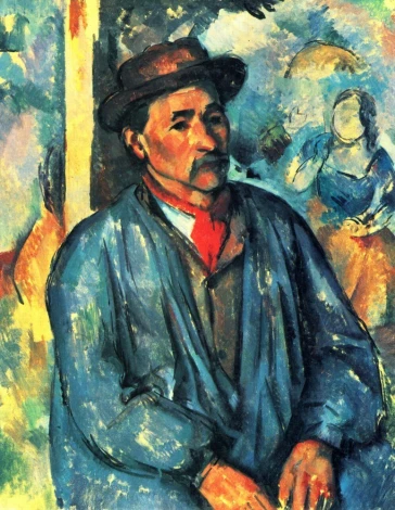 Reproduction of Man in a Blue Smock by Paul Cezanne - Graphic design featuring a man in blue clothing with a hat in the background.