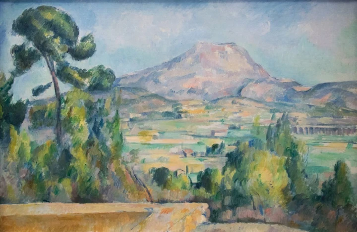 Reproduction of Montagne Sainte-Victoire by Paul Cezanne - A mountain landscape with green trees.