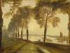 Reproduction of Mortlake Terrace by William Turner. The image features a river with boats, trees, and buildings in the background.