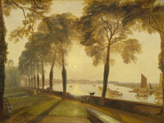 Reproduction of Mortlake Terrace by William Turner. The image features a river with boats, trees, and buildings in the background.