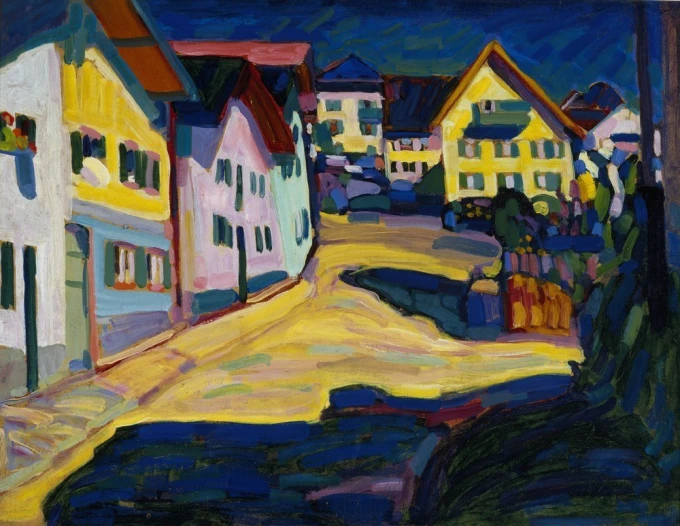 Reproduction of Murnau, Burggrabenstrasse 1 by Wassily Kandinsky - Graphic pattern. Colorful buildings in vibrant hues.