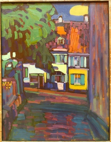 Reproduction of Murnau, Houses in the Obermarkt by Wassily Kandinsky - Graphic design. Colorful houses in various shapes.