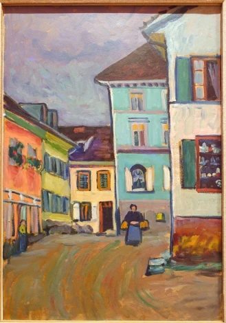 Murnau reproduction, Top of Johannisstrasse by Wassily Kandinsky - Urban setting with pastel-colored walls.