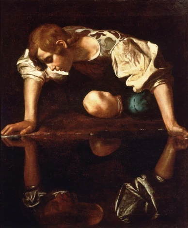 Narcissus reproduction by Michelangelo Caravaggio - graphic design. A man leans over water, reflection in a mirror.