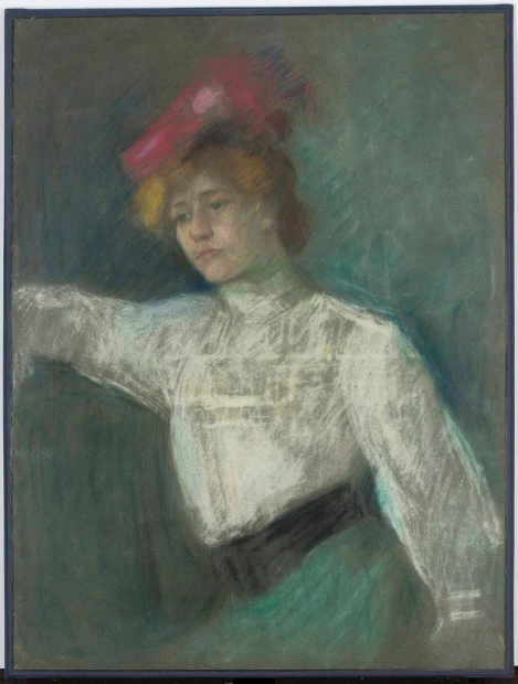 Portrait of a woman in a red hat by Olga Boznańska - Graphic design. Woman with light hair and red accents.