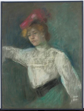 Portrait of a woman in a red hat by Olga Boznańska - Graphic design. Woman with light hair and red accents.