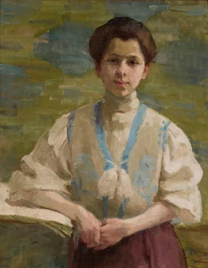 Self-portrait reproduction 1893 by Olga Boznańska - Graphic design featuring a woman in a light outfit with hands clasped.
