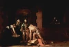 Reproduction of The Beheading of St. John the Baptist by Caravaggio - Graphic design. Figures in darkness.