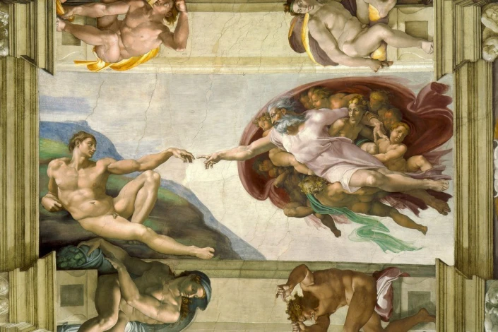 Reproduction of The Creation of Adam by Michelangelo - features the outstretched hands of God and Adam with a background.