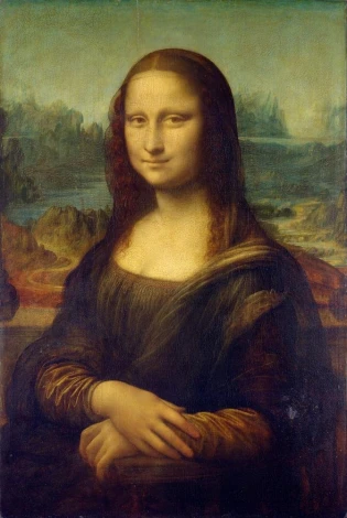 Reproduction of The Mona Lisa by Leonardo da Vinci. Woman with a smile in a dark outfit.