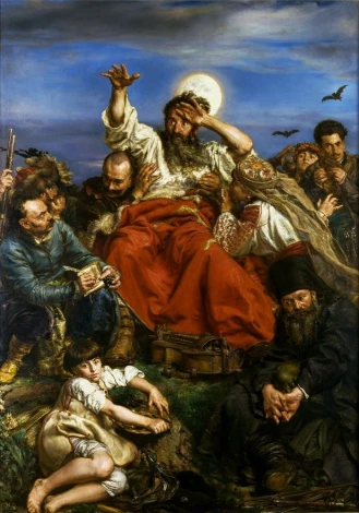 Reproduction of Wernyhora by Jan Matejko. Figures in various poses, featuring a dominant red cloak and sky background.