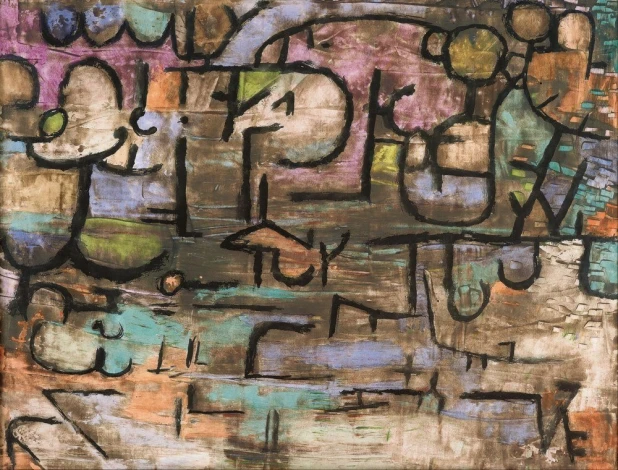 Reproduction of After The Flood by Paul Klee - Graphic pattern with abstract shapes in various colors, lines, and spots.
