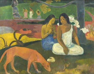 Arearea reproduction by Paul Gauguin. Two figures sit among foliage with a dog. Vibrant colors.