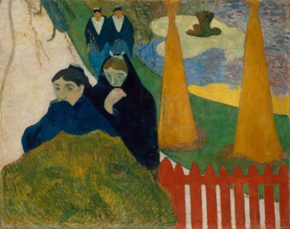 Reproduction of Arlesiennes Mistral by Paul Gauguin - Graphic design featuring two figures in dark clothing with trees and colors in the background.