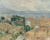 Reproduction of Blick auf L\'Estaque by Paul Cézanne. Features houses, trees, sea, and sky in various shades.