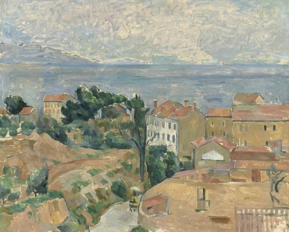 Reproduction of Blick auf L\'Estaque by Paul Cézanne. Features houses, trees, sea, and sky in various shades.