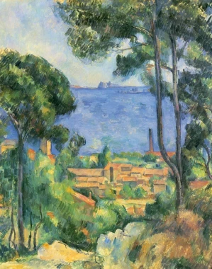 Reproduction of Blick auf L\'Estaque and the Château d\'If by Paul Cézanne. The image depicts a landscape with trees.