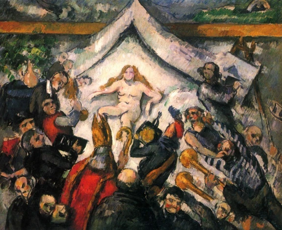 Reproduction of Das Ewig-Weibliche by Paul Cezanne. Central figure of a nude woman surrounded by a group of people.