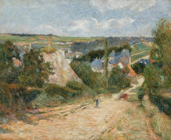 Reproduction of Entrance to the Village of Osny by Paul Gauguin - Graphic design featuring a road leading to a village with houses and fields.