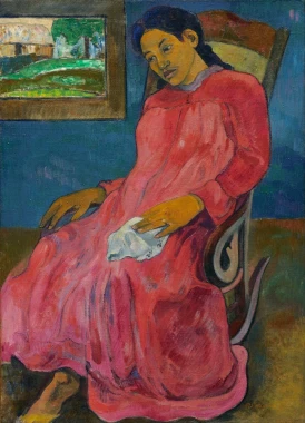 Reproduction of Faaturuma - Melancholic by Paul Gauguin. A woman in a pink dress sits on a chair with her hand.