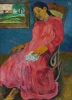 Reproduction of Faaturuma - Melancholic by Paul Gauguin. A woman in a pink dress sits on a chair with her hand.