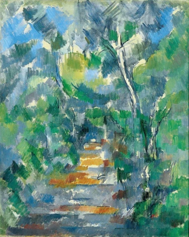 Forest Scene reproduction by Paul Cezanne. The image features green trees and a path in the woods.