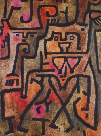 Forest Witches reproduction by Paul Klee - Abstract design with shapes in shades of brown, red, and black.