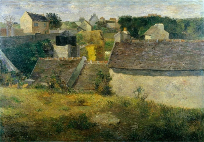 Reproduction of Houses at Vaugirard by Paul Gauguin - Graphic design featuring rural houses with thatched roofs.