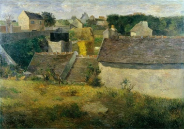 Reproduction of Houses at Vaugirard by Paul Gauguin - Graphic design featuring rural houses with thatched roofs.