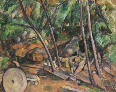 Reproduction of Millstone in the Park of Chateau Noir by Paul Cezanne. The image features stones and trees.