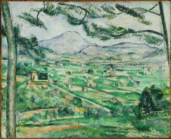 Reproduction of Mont Sainte-Victoire by Paul Cezanne - Graphic design. The image features a landscape with mountains and trees.