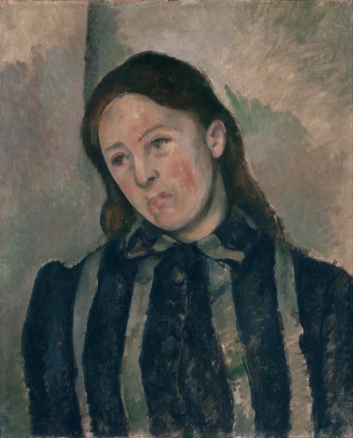 Reproduction of Portrait of Madame Cezanne by Paul Cezanne. Woman in dark striped attire with an expressive look.