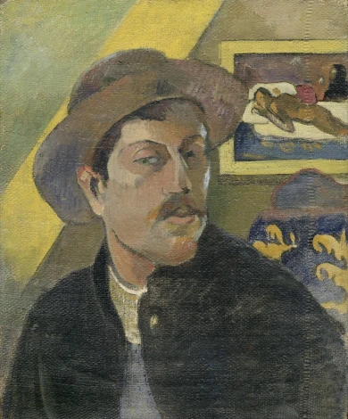 Self-portrait with a hat by Paul Gauguin - Graphic print. Man in a hat with a clear facial outline and background.